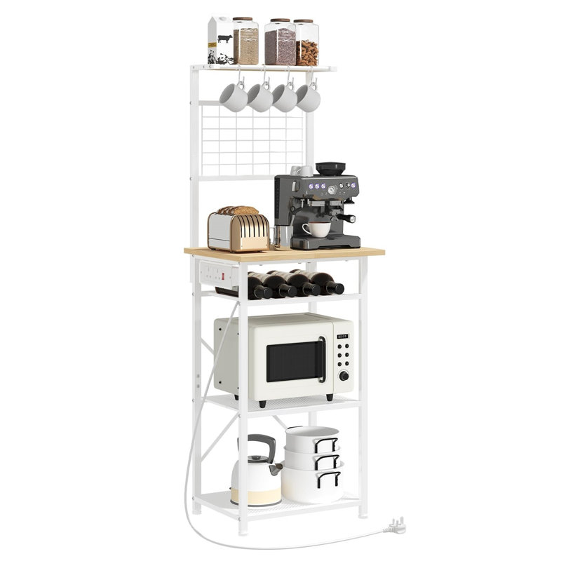 Bakers Rack, Microwave Stand with Power Outlet, Coffee Bar Station with Wine Rack and Hooks, Kitchen Storage Shelf, 2 AC Outlets and 1 Power Switch