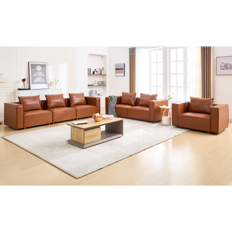 Ensemble de salon configurable en cuir végétalien, Brun