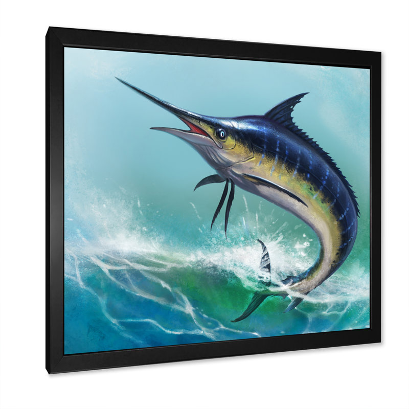 Marlin bleu dans l'océan - Peinture, Cadre photo noir, H 36 po x l 36 po