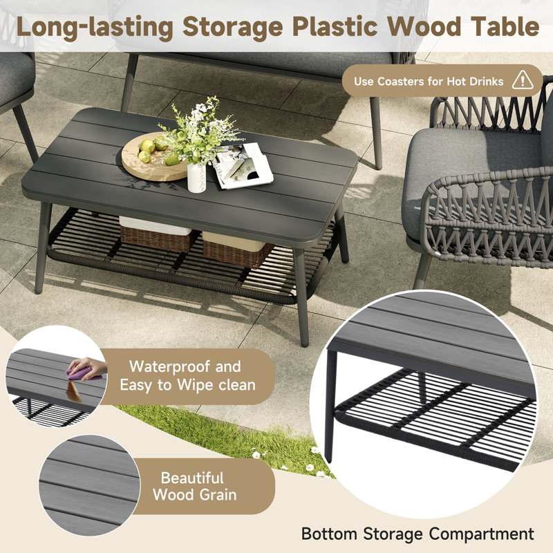 Beige Linen 4 Seater Garden Set With Plastic Wood Storage Coffee Table Polyester Rope Outdoor Set With Sofa And Armchairs