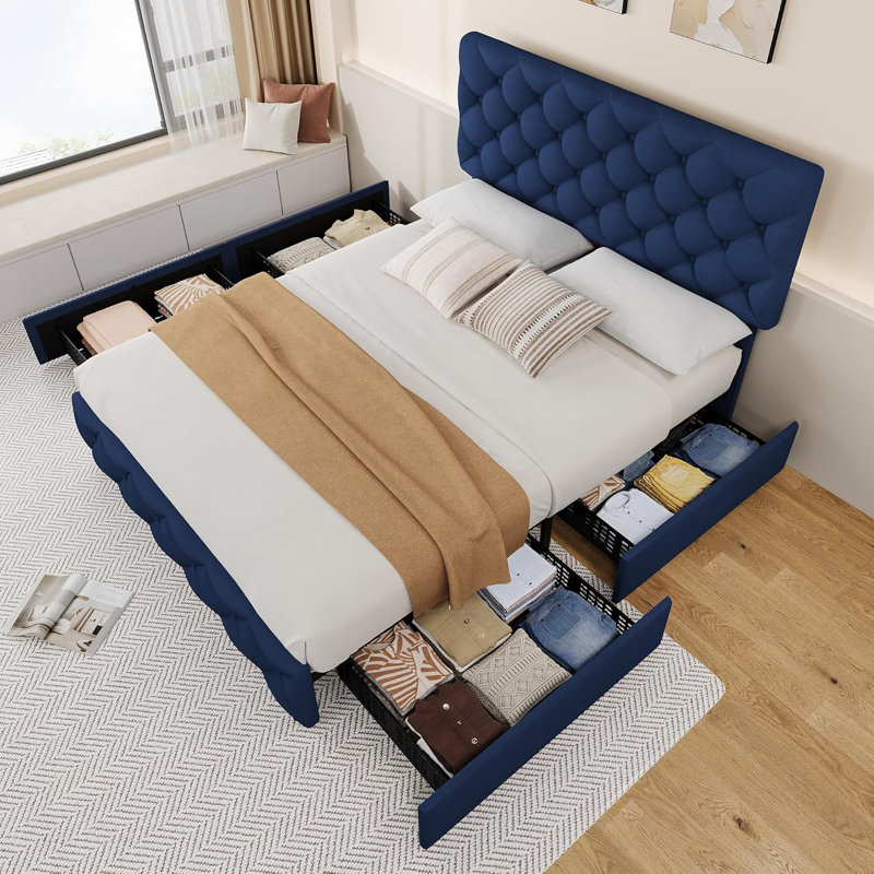 Bed Frame with 4 Storage Drawers, King