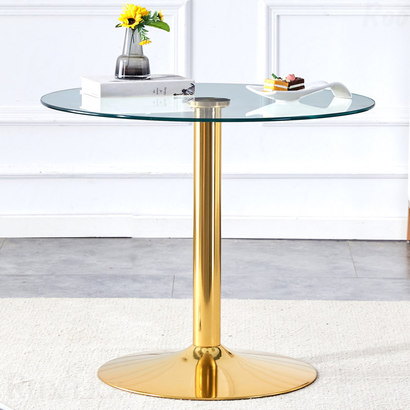 Table de salle à manger ronde 35 pouces avec pieds en métal et verre doré, H 29,5 po x L 35 po x l 35 po, Doré
