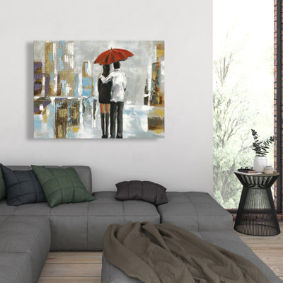 Couple Walking Under Umbrella - Street Scenery Office Canvas