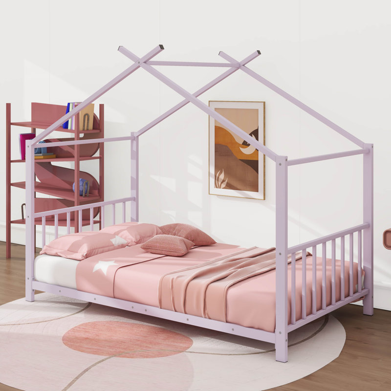 Lit plateforme simple en métal en forme de maison, Rose