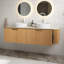 Meuble-lavabo de salle de bain, meuble-lavabo rayé à bords arrondis flottants avec 2 tiroirs, 2 lavabos ronds en céramique et plateau en pierre frittée à motif de travertin, pré-assemblé-1813480787