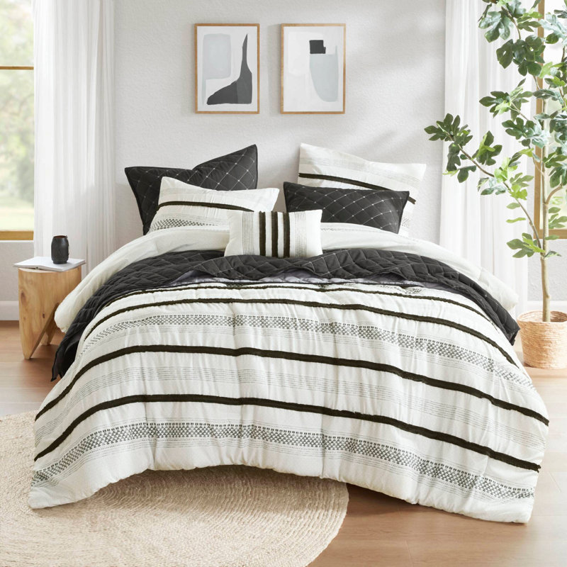 Ensemble de couette bohème matelassée 7 pièces en polyester rayé, tailles King/Cal King