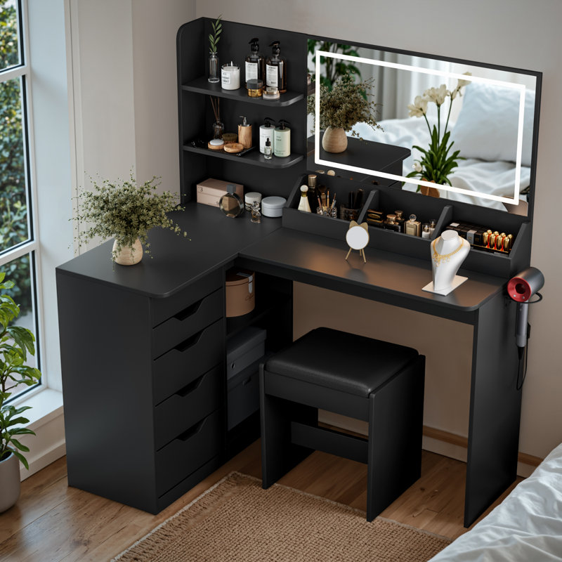 Corner Makeup Vanity Desk with Lights and Mirror, 47" L Shaped Vanity Set with Cushioned Stool& Charging Station, , 5 Drawer, Adjustable 3 Lighting Mode, Bedroom Large Dressing Table