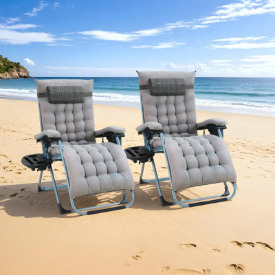 Set Of 2 Sun Loungers, Folding Garden Lounger, Widened With Cushion, Weatherproof, Adjustable Backrest, With Headrest, Drink Holder, Maximum Load 160 Kg, For Garden, Patio, Pool