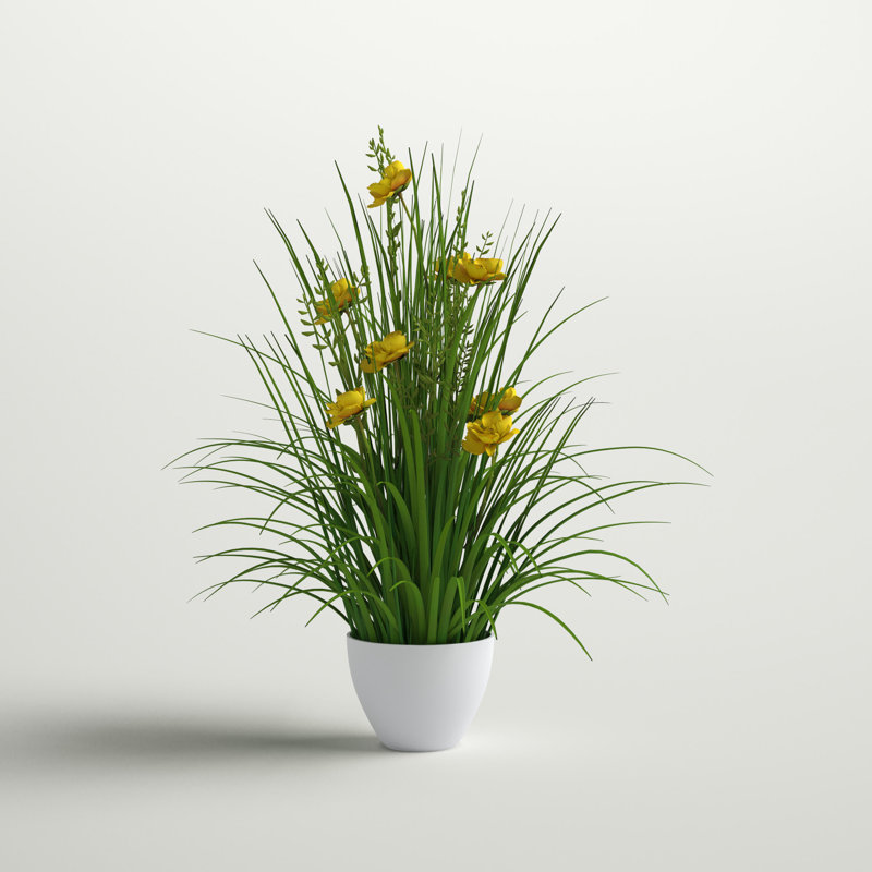 Artificial Potted Yellow Cosmos and Green Grass., 22.5" H x 8" W x 8" D