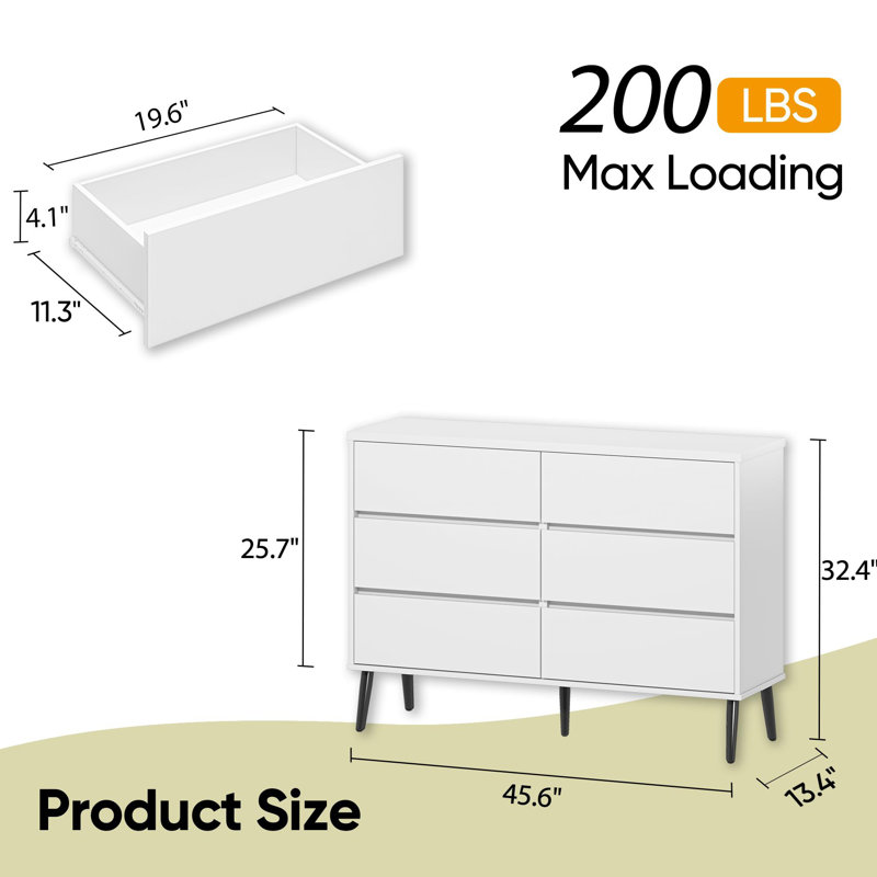 Commode 6 tiroirs pour chambre à coucher, commode double blanche moderne avec poignées invisibles