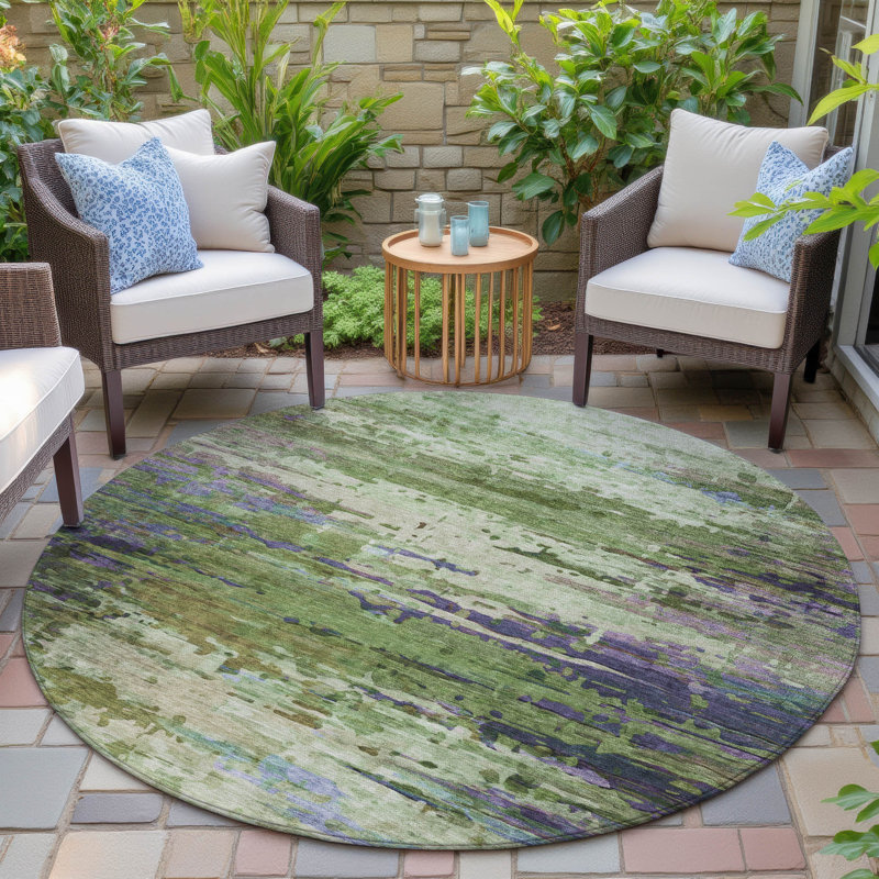 Machine Washable Indoor/Outdoor Xhevrie Green Rug, Round 8'