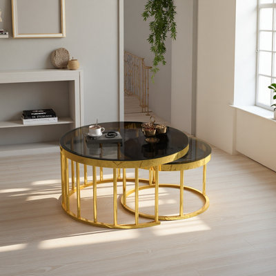 Round Nesting Coffee Table Set of 2, Modern Metal Frame Circular Cocktail Table, Tempered Glass Top Accent Nesting Tables for Living Room, Apartment