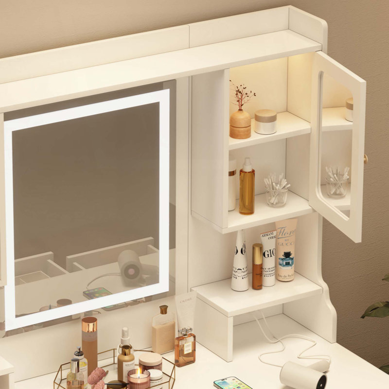 Grande coiffeuse avec miroir, 6 tiroirs et tablettes, bureau de commode