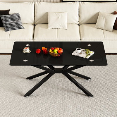 Table basse 38,32 po en verre noir avec pieds en métal, look contemporain pour le rangement, stable, facile à nettoyer