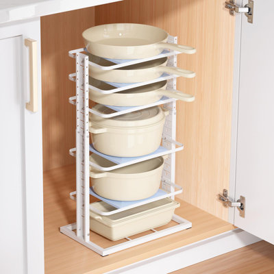 Organisateur de casseroles et poêles à placer sous un meuble, 6 niveaux robustes, ajustables, pour l'intérieur d'un meuble de cuisine, support pour casseroles jusqu'à 30 cm (blanc).