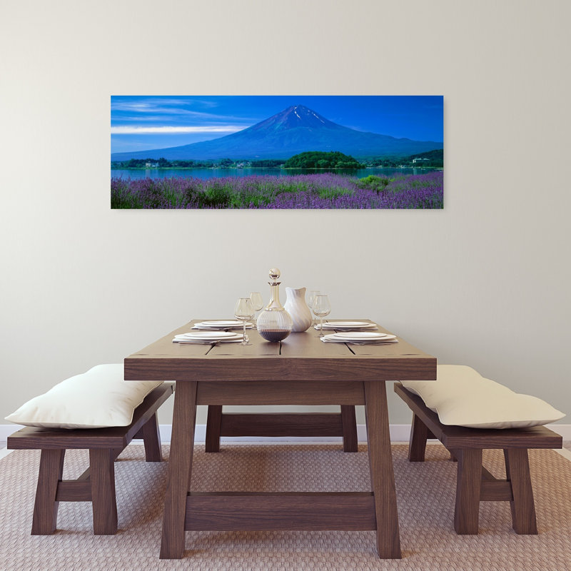Mont Fuji, Japon, art contemporain abstrait avec fleur de lavande, H 16 po x l 48 po