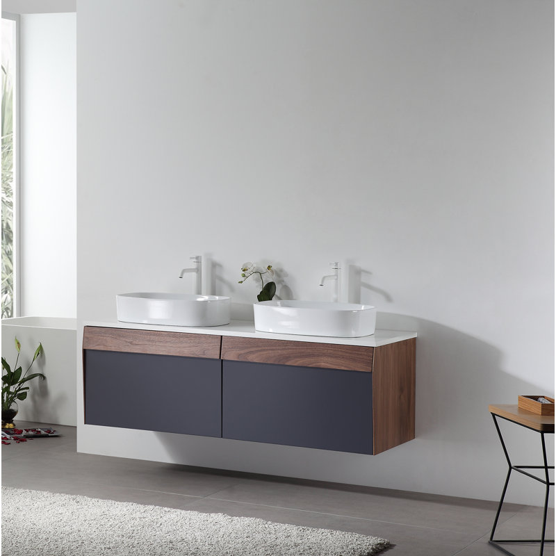 Ronda 55'' W Double Wall-Mounted Vanity, Light Brown/Dark Blue