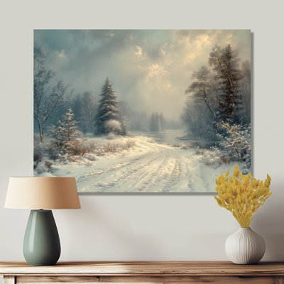 White Grey Winter road into forest III - Winter Landscape Canvas Wall Art