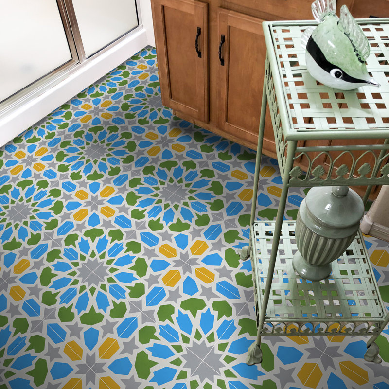 Bahja 8" x 8" Cement Patterned Wall & Floor Tile, Yellow/Green/Light Blue
