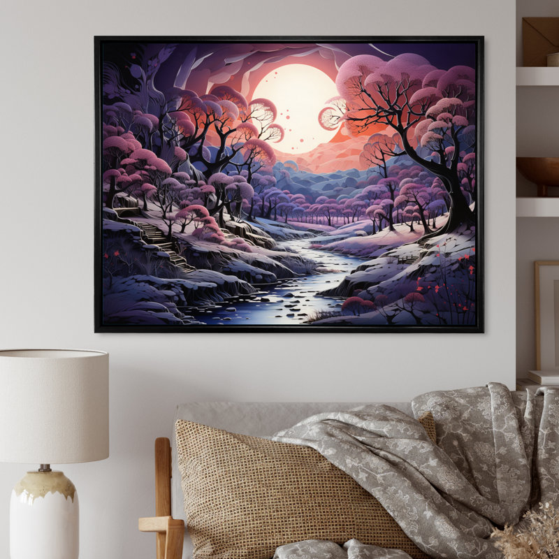 Impression sur toile «Purple Forest Winters Papercut», 24" H x 32" W, Cadre flottant noir
