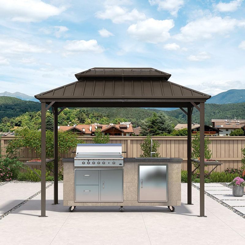 Pavillon de jardin en métal avec 2 tablettes latérales pour barbecue, 6 pi x 10 pi