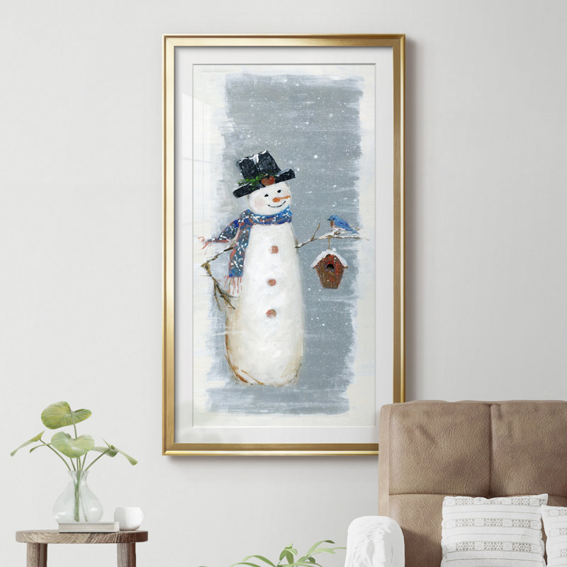 " Primitive Snowman I ", 24" H x 12" W x 1" D, Gold Framed