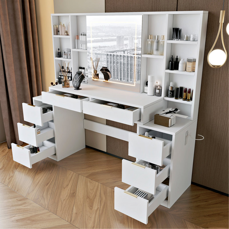 Grand bureau de coiffeuse avec miroir et lumières détachables, table de 59 po à 8 tiroirs, 3 couleurs DEL, luminosité réglable, pour les femmes, style nautique, matériau blanc, miroir, rangement ouvert, éclairage DEL