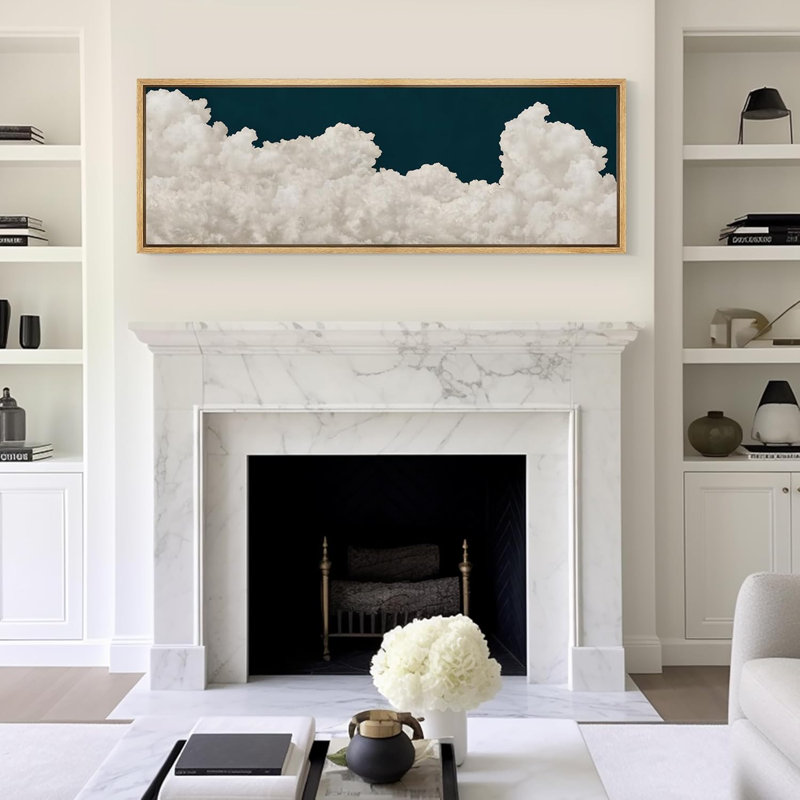 Serene Cloudscape, nuages blancs sur un ciel bleu profond, rétro, illustrations d'art, décor, H 20 po x l 60 po, Naturel