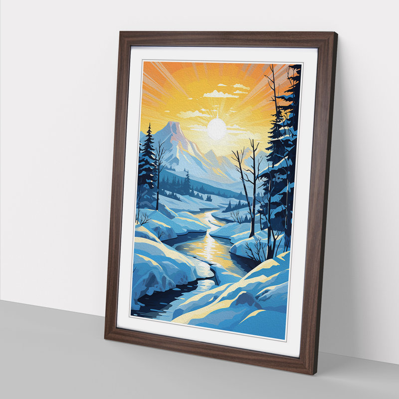 Winter Landscape Art Deco - Single Picture Frame Print on Wood, 34cm H x 25cm W x 2cm D, Walnut
