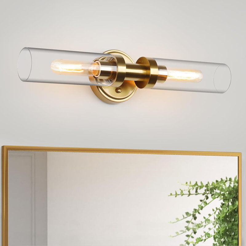Vanity Light Fixture With Clear Glass Shades, 2-Light Bathroom Sconce Wall Lamp For Mirror, E26 Base Compatible, Brushed Gold