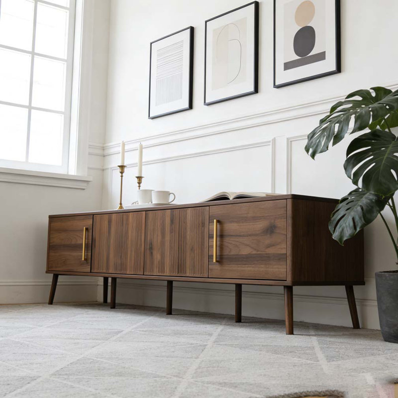 Meuble télé 78 po pour téléviseur de 85 po ou moins, centre de divertissement avec porte cannelée et gestion des câbles, charnières à fermeture en douceur
