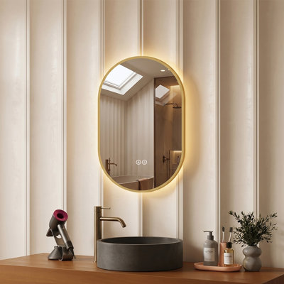 33" x 20" Gold Framed LED Oval Bathroom Mirror, 3 Color Lighting, Anti-Fog, Explosion-Proof, Wall Mounted Backlit Vanity Mirror