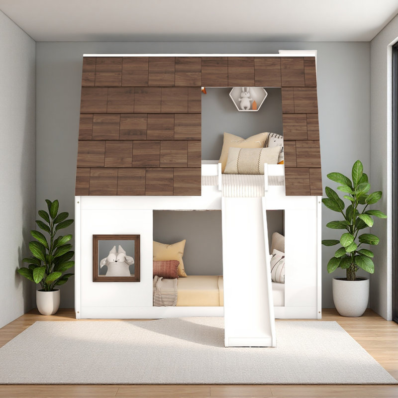 Lit superposé simple en bois avec toit, échelle et toboggan