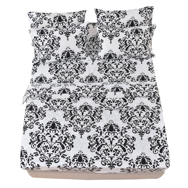 Twin Black and White Damask Microfiber Bed Sheet Set