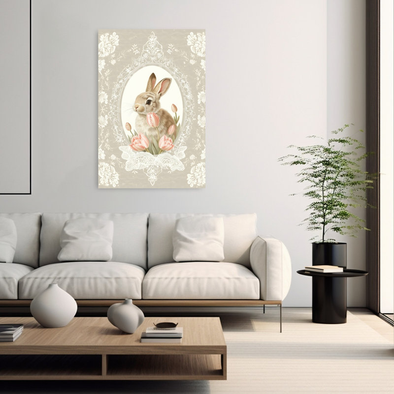 «Sweet Bunny with Tulips Elegant Vintage Whimsical Rabbit Tulip Flower Spring», reproduction d'art, H 60 po x l 40 po
