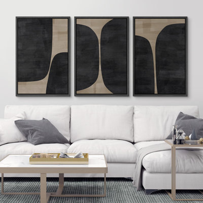 Nordic Shapes " Dark Gray Black Block Abstract Shape Illustration Modern Decor Relax Calm Chic " 3 - Pieces