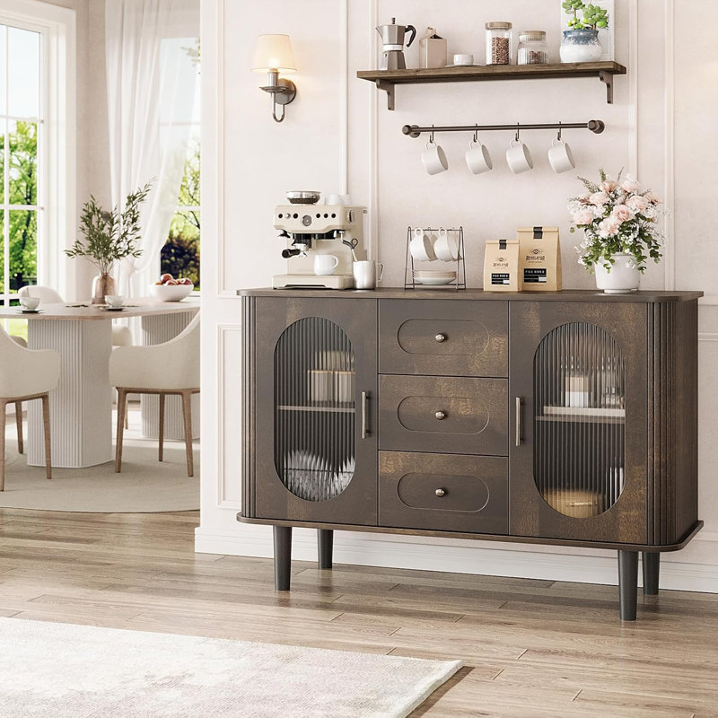 47" Mid-Century Sideboard w/ Fluted Glass Doors & 3 Drawers - Adjustable Shelves, Credenza Storage for Kitchen/Dining, Brown