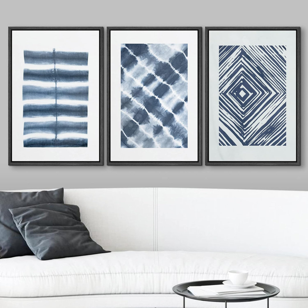 Geometric Line Blue Line Art And Diamond Illusion Collage Abstract Patterns Modern Art Mid-Century Modern On Canvas 3 Pieces Print IDEA4WALL 