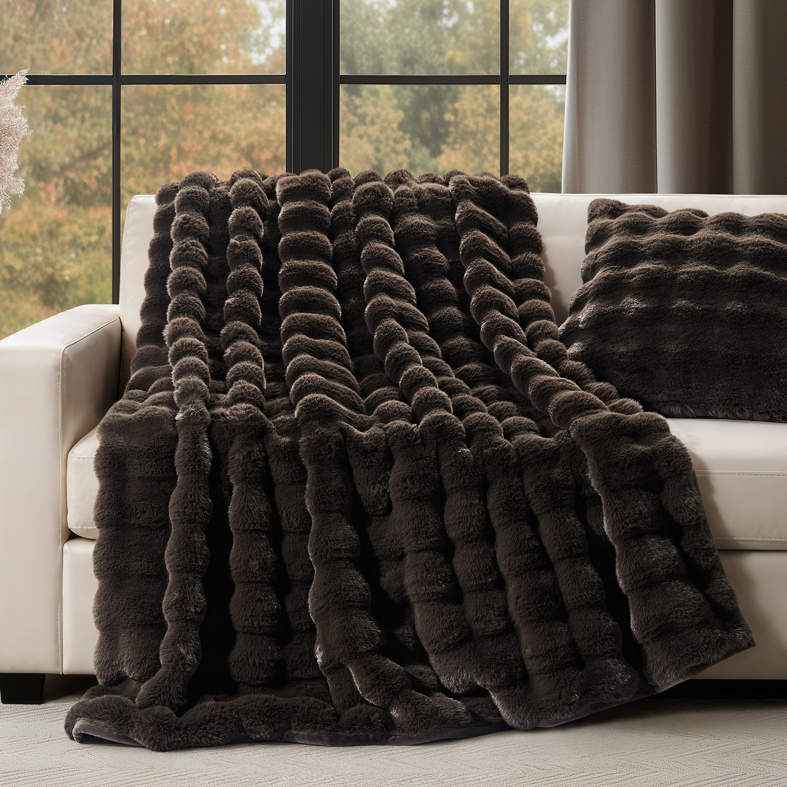 Faux Fur Weighted Throw Blanket, 80" L x 60" W, Dark Brown