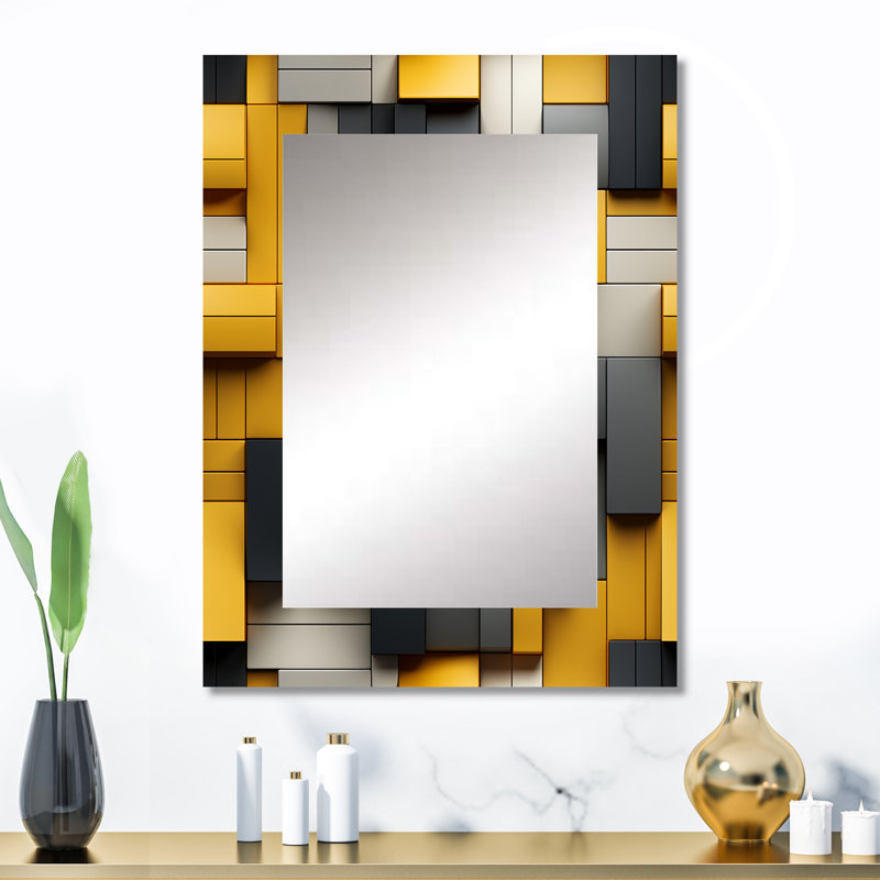 Yellow And Grey Geometric Blocks Harmony - Geometric  Decorative Wall Mirror, Modern Mirror, Printed Metal Art, 32" x 24"