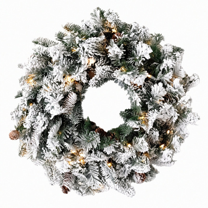 Couronne de Noël artificielle pré-éclairée 17,7 pouces avec pointes enneigées, fausses pommes de pin et lumières blanches chaudes
