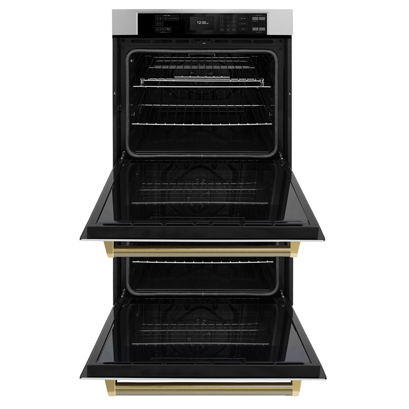 ZLINE Autograph 30 in. True Convection Double Wall Oven in Stainless Steel & Gold Helix Handles