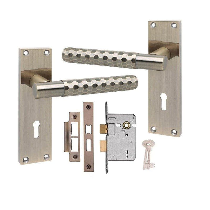 Golden Grace Victorian Design Knurled Hex Cut Lock Handle on Backplate Antique Brass Finish with 3 Lever Lock - 150mm x 40mm