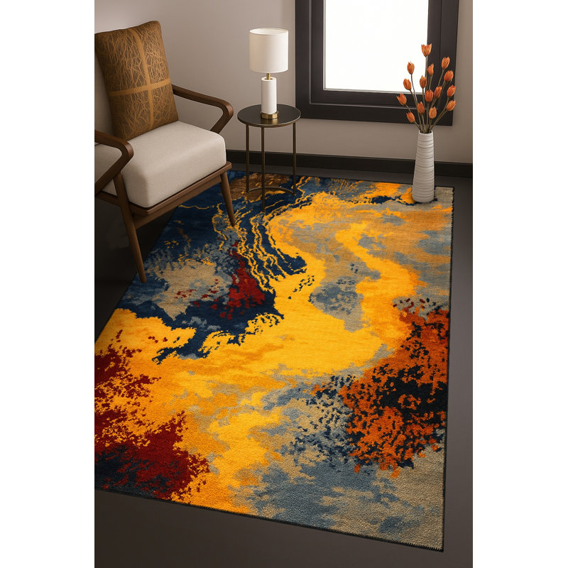 Tapis bleu tissé lavable rétro Mosso, 2 pi 6 po x 4 pi 11 po