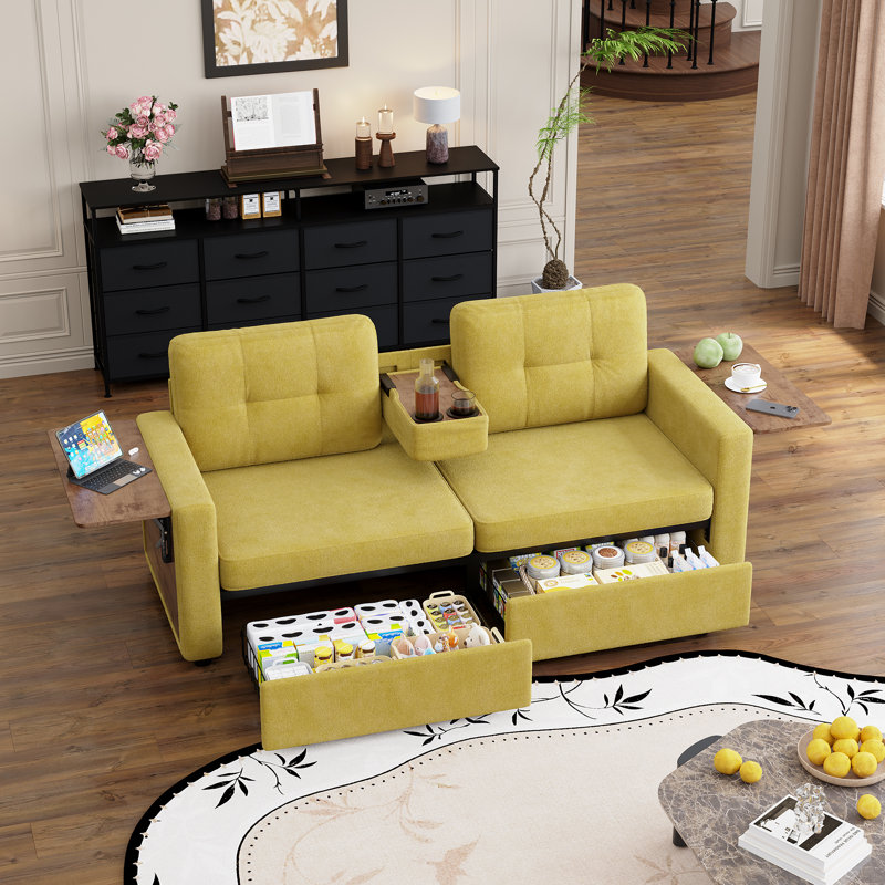 Canapé deux places avec tiroirs de rangement, tables d'appoint pliables et console porte-gobelets, Yellow Chenille, Yellow