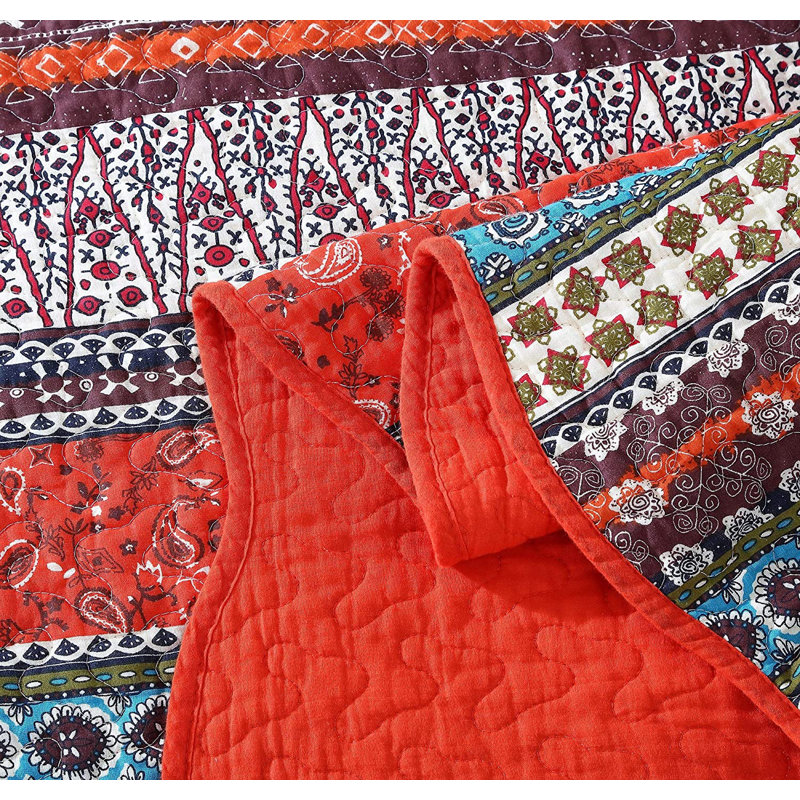 Boho Floral Cotton Reversible Quilt Set, Twin Quilt + 1 Standard Sham, Orange