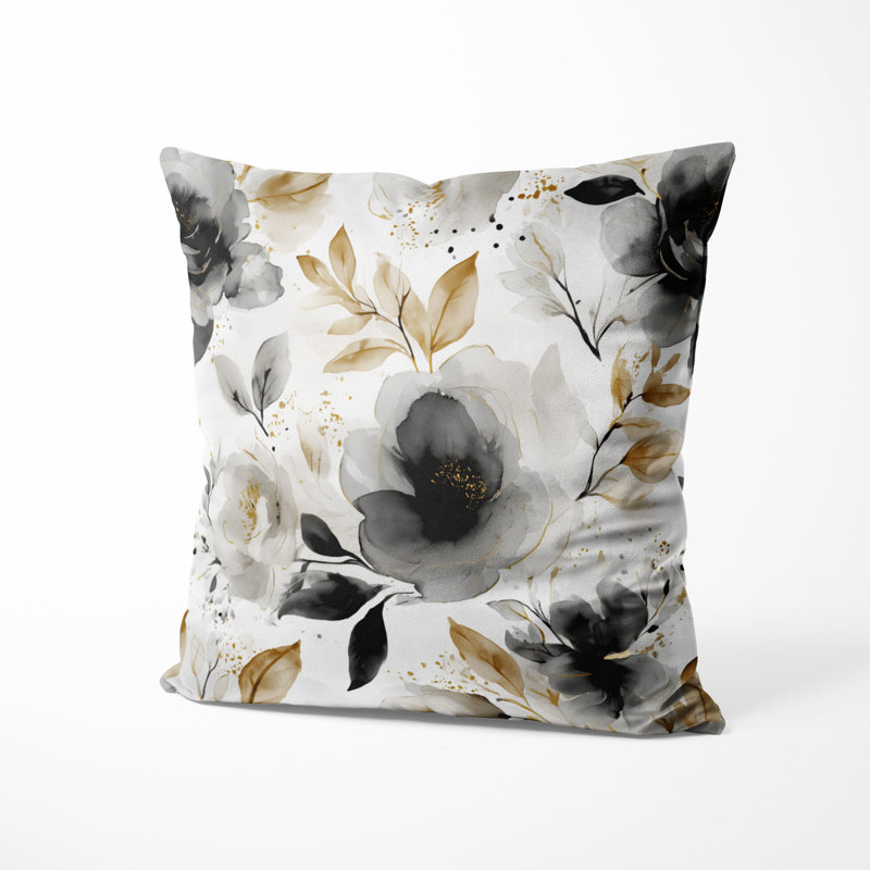 Country Farmhouse Accent Pillow - Floral Black Whisper Printed Throw Pillow, 18"H x 18"W