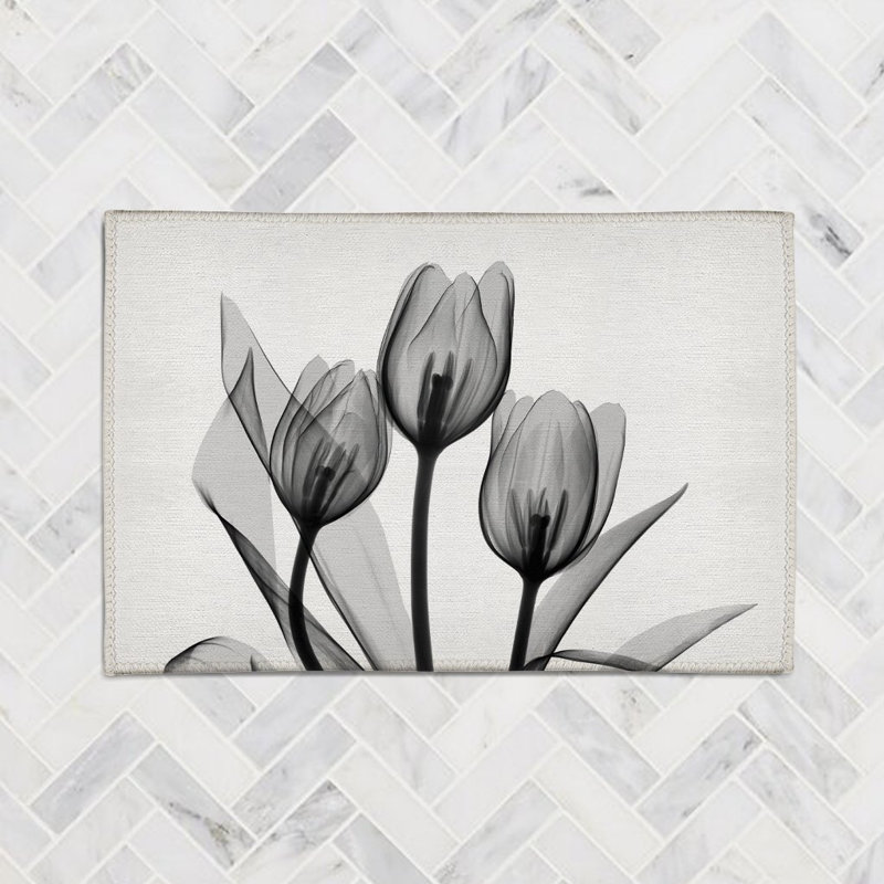 Monochromatic Black Tulips Chenille Indoor Rug, Rectangle 4' x 6'