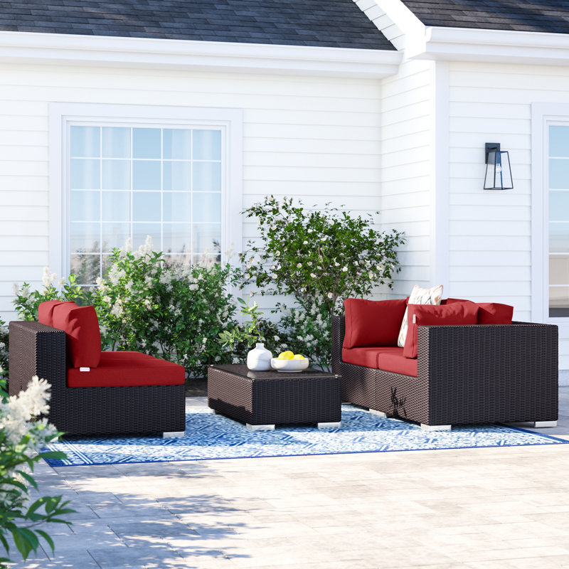 Espresso Red Wicker Rattan 5-Piece Outdoor Patio Set