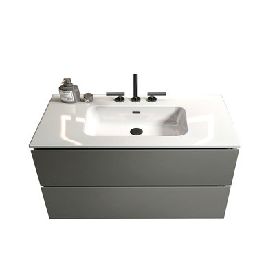 Meuble-lavabo mural en céramique avec trois trous de robinet, grand lavabo flottant de rangement, adapté aux salles de bain modernes, pré-assemblé
